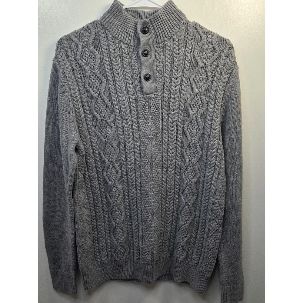 Chaps Men Small Gray Cable Knit Sweater Mock Neck 3-Button Pullover Workwear...